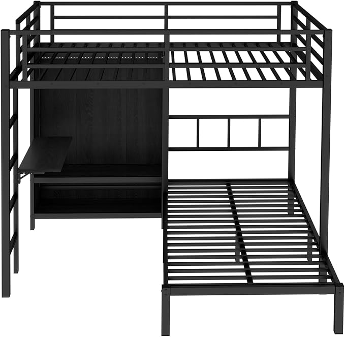 Full XL Over Twin Metal Bunk Bed with Folding Desk, Closet LED,Space-Saving/Noise Reduced, Black Modern Style Multi-Functional Storage Needs Space-Saving Noise Reduced
