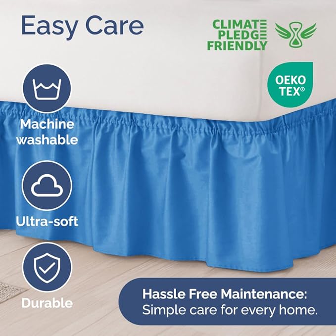 Wrap Around Dust Ruffle Bed Skirt - Royal Blue - for King Size Beds w/ 12 Inch Drop - Easy Fit Elastic Strap - Adjustable Pleated Bedskirt w/Brushed Fabric - Wrinkle Free, Women, Men, Kids & Teens