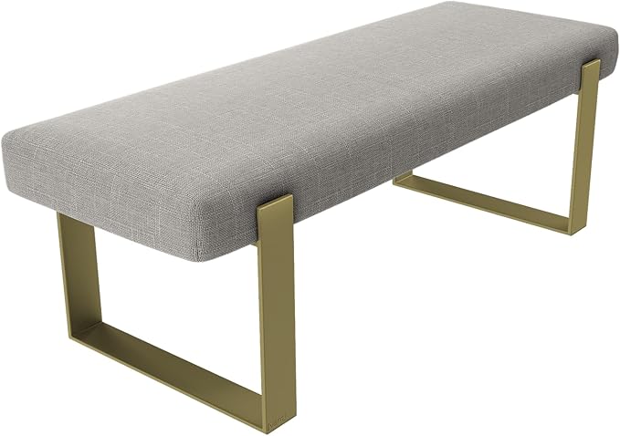 VANT Upholstered Bed Bench - Weave Moondust Grey - Burnished Brass - Contemporary Modern, Bedroom Bench Seat, Hallway, or Entryway