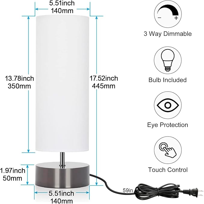 Touch Table Lamp, 3-Way Dimmable Modern Minimalist Accent Bedside Lamp with Cylinder Fabric Shade, Night Light Nightstand Desk Lamp for Bedroom Living Room Kitchen, 9W LED Bulb Included