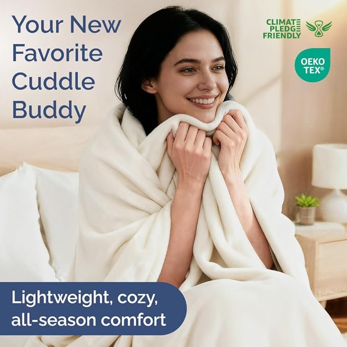 Ultra Soft Fleece Blanket Throw Size - Flannel Fleece Luxury Throw Blanket - Lightweight for Couch Bed Chair - Thick, Warm and Breathable - All Season Cozy Fuzzy, Anti-Static Microplush Bedding, Ivory