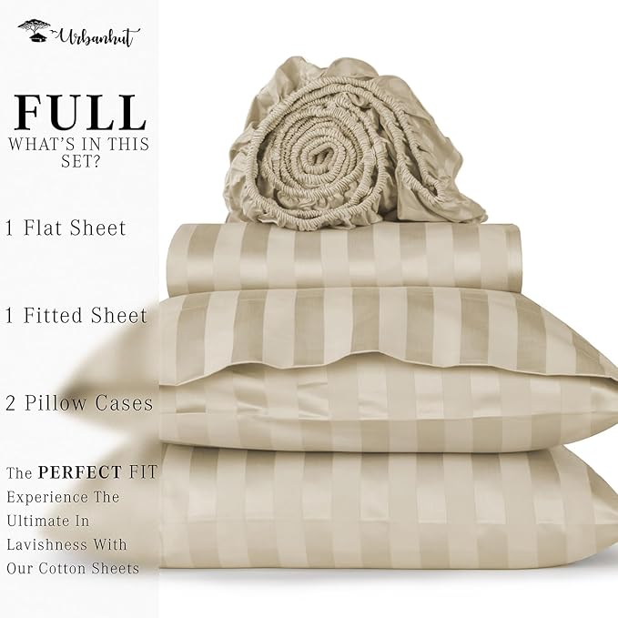 URBANHUT 800 Thread Count 100% Cotton Damask Full Size Sheets, 4 Piece Striped Full Size Bedsheets, Luxury Hotel Sheets Sateen Weave - Better Than Egyptian, 16" Elasticized Deep Pocket- Ivory