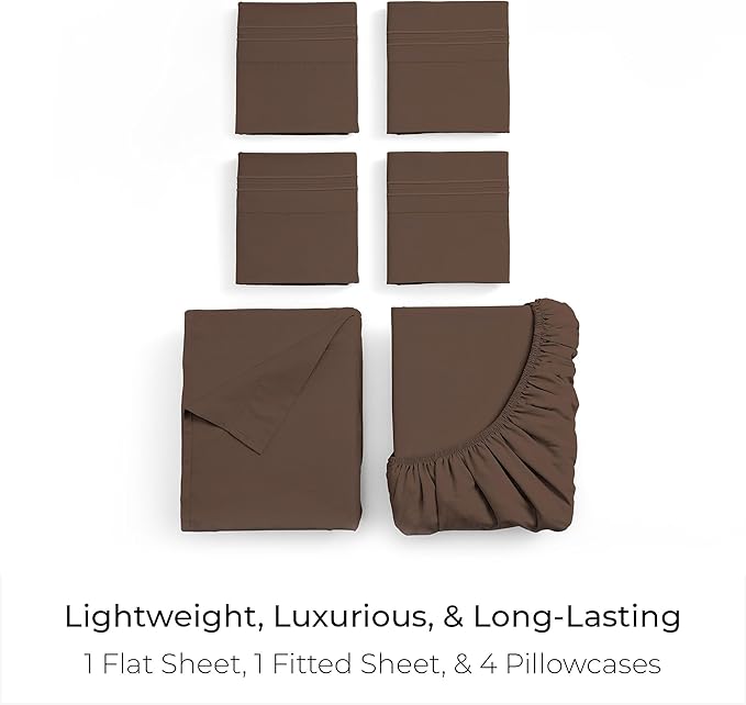 Mellanni Full Sheet Set - 6-Piece Iconic Collection Bedding, (Including 4 Pillowcases), 16-Inch Deep Pocket, Easy Care, Extra Soft, Cooling Sheets, Brushed Microfiber - Brown