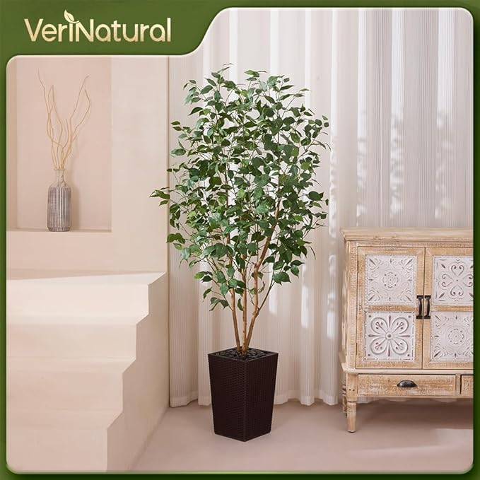 6ft Artificial Ficus Tree,Tall Faux Tree with Silk Leaves & Real Wood Trunk,UV Resistant Potted Fake Plant with Pebbles & Planter-Indoor Outdoor Floor Plant for Home Living Room,VN129