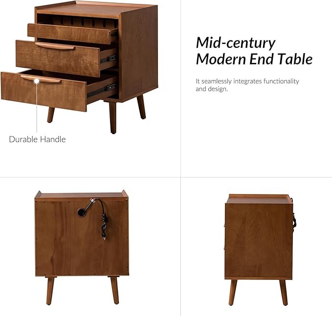 HULALA HOME 2 Drawer End Table with Pull-Out Shelf, Mid-Century Modern End Table with Wood Legs, Wood Side Table with Charging Station(Acorn)