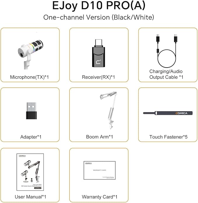COMICA D10 Pro A Wireless/XLR/USB Dynamic Microphone with Receiver Boom Arm Stand- Dual Channel Cardioid Mic, 45H Battery, RGB Lights, CalMix Denoise for Gaming/Streaming/PD(PC, PS4/5, Mac,Phone)White