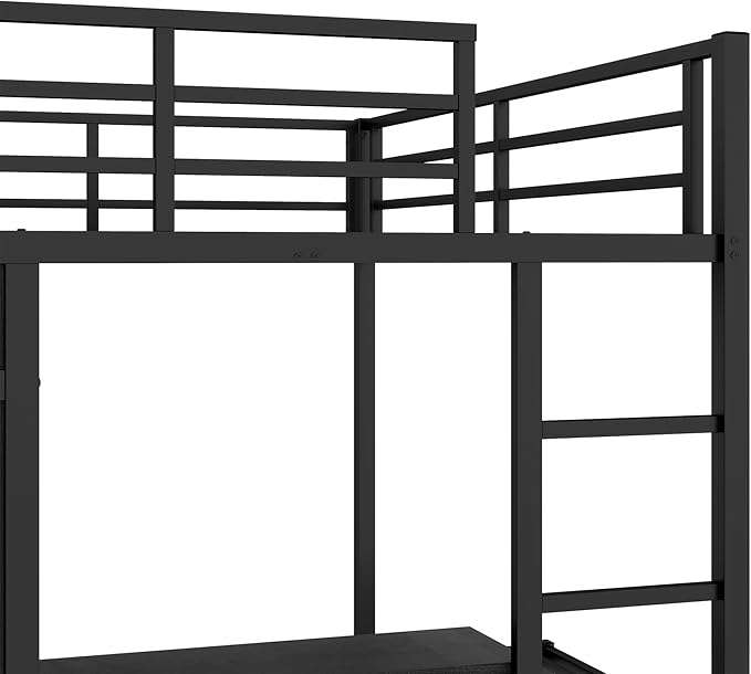 Full XL Over Twin Metal Bunk Bed with Folding Desk, Closet with LED, Space-Saving/Noise Reduced, Black Classic Platform Bed Frame, Easy Assembly YJXW1580S00113