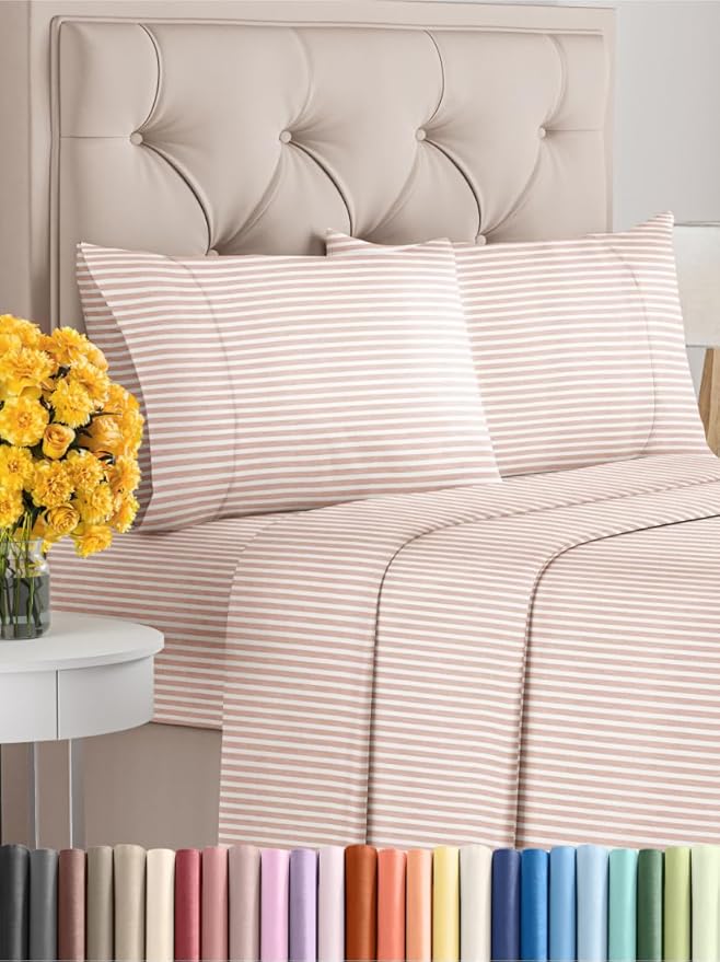 Full Size 4 Piece Sheet Set - Extra Soft, Breathable & Cooling - Hotel Luxury Durable Bed Sheets for Women & Men - Deep Pockets, Easy-Fit & Wrinkle-Free - Blush Stripes Oeko-Tex