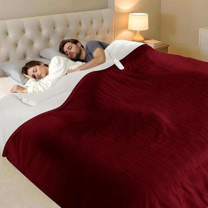 Queen Size Electric Blanket for Bed - 84" x 90" Dual Control Heated Blanket with 10 Hrs Auto Off, 5 Heating Levels, Over-Heat Protection, Washable Flannel Sherpa Heating Blankets, Red