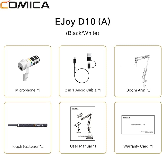 COMICA EJoy D10 A USB/XLR Dynamic Microphone with RGB Light &CalMix Denoise &Mute Button- Studio-Quality Cardioid Mic with Boom Arm Stand for Gaming, Streaming, Podcast,YouTube(PC/PS5/Xbox/Mac-White