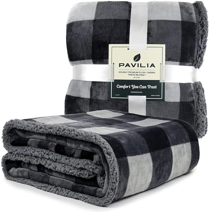 Pavilia Winter Cabin Sherpa Blanket Throw | Flannel Fleece Christmas Plaid Blanket | Plush, Soft, Warm, Cozy, Reversible Microfiber Throw 50x60 (Grey)
