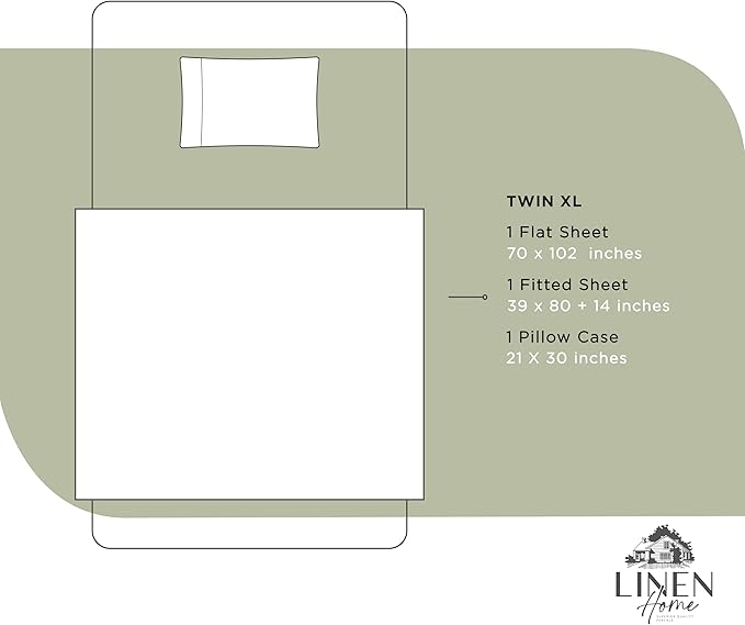 Linen Home 100% Cotton Percale Sheets Twin XL Size, Sage, Deep Pocket, 3 Pieces Set - 1 Flat, 1 Deep Pocket Fitted Sheet and 1 Pillowcase, Crisp Cool and Strong Bed Linen