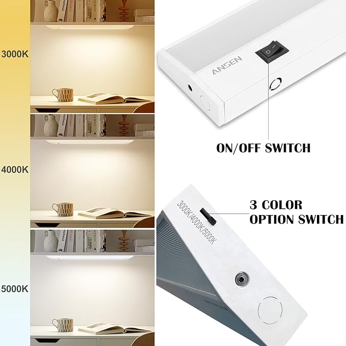 Ansen 3Packs of Under Cabinet Lights for Kitchen, 36in 22W 1426LM, Dimmable Hardwire Led Light for Closet, CRI>92, R9>90, 3 Color Temperature, 3000K/4000K/5000K(Warm White, Cool White, Daylight)
