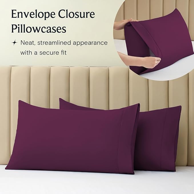 LuxClub 5 PC Split King Sheet Set, Deep Pockets Wrinkle Free Cooling Bed Sheets Hotel Bedding for Women, Men, Includes 2 Fitted Sheet, 1 Flat Sheet and 2 PillowcasesSoft Eggplant