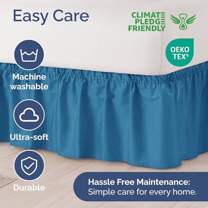 Wrap Around Dust Ruffle Bed Skirt - Denim Blue - for Queen Size Beds with 15 Inch Drop - Elastic Strap - Adjustable Pleated Bedskirt with Brushed Fabric and Wrinkle Free - For Women, Men, Kids & Teens