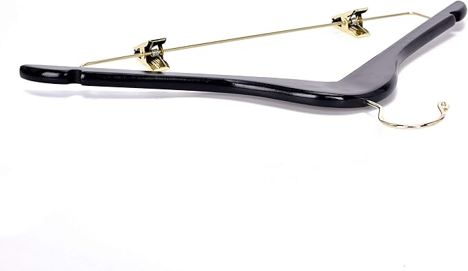 Quality Black Wooden Skirt Hangers with Clips, 20-Pack Smooth Solid Wood Pants Hangers with Durable Adjustable Metal Clips, Swivel Hook, Coat, Jacket, Blouse Suit Hangers (Black-Gold Hook, 20)