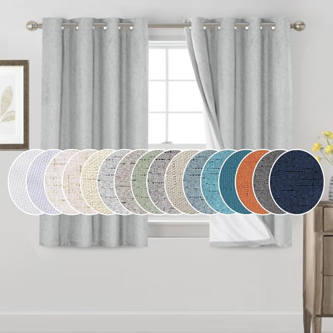 PrinceDeco 100% Blackout Curtains 54 Inch Length for Bedroom Faux Textured Linen Look Window Curtains Sun Heat Blocking Linen Curtains Thermal Insulated Burlap Curtain & Drapes, Set of 2, Glacier Grey