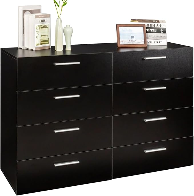 Karl home 8 Drawer Dresser, Wood Black Vanity Drawer Cabinet, Bedroom Storage Cabinet TV Stand, Large Dresser Storage Chest with Deep Drawers, Bedroom Furniture