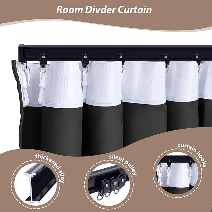 Room Divider Curtains with Ceiling Curtain Track Set Window Curtain for Bedroom,Living Room Total Blackout Thermal Insulated Privacy Ceiling Track Curtain W 9 × H 6 FT Grey drape&Black track