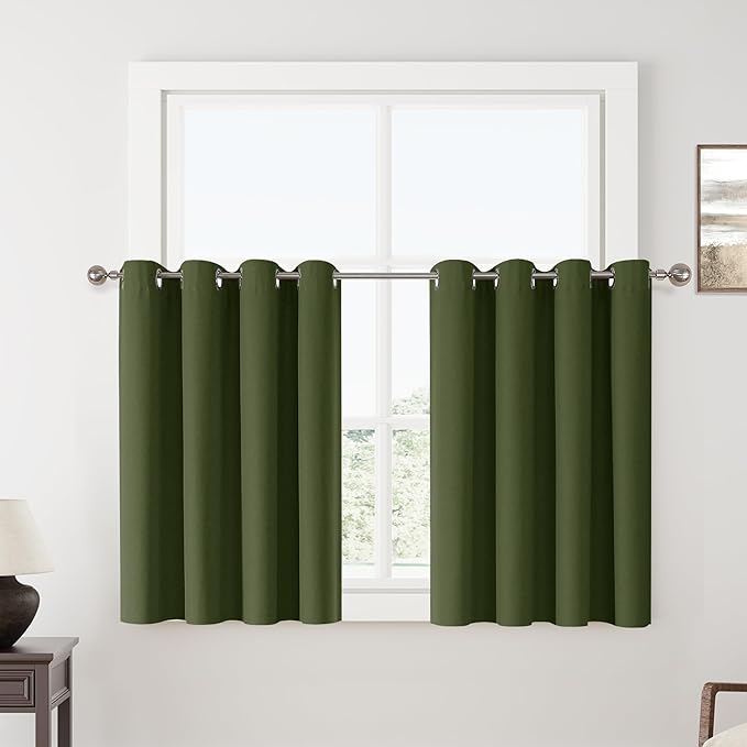 ChrisDowa 100% Blackout Olive Green Solid Curtains 45 Inches Long 2 Panels for Bedroom Living Room,Farmhouse Room Darkening Thermal Insulated Soundproof Grommet Top Window Treatment Drapes,52x45