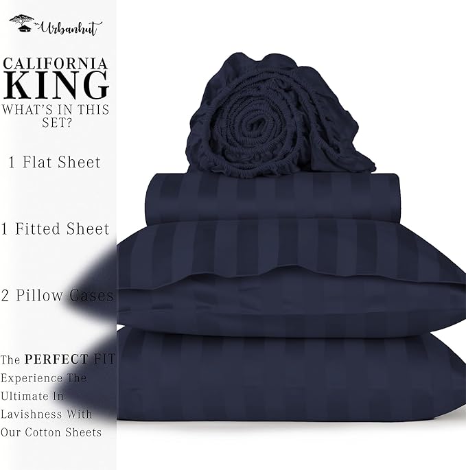 URBANHUT 800 Thread Count 100% Cotton Damask California King Size Sheets Set, 4 Piece Striped Cal King Size Bedsheets, Luxury Hotel Sheets Sateen Weave, 16" Elasticized Deep Pocket- Navy Blue