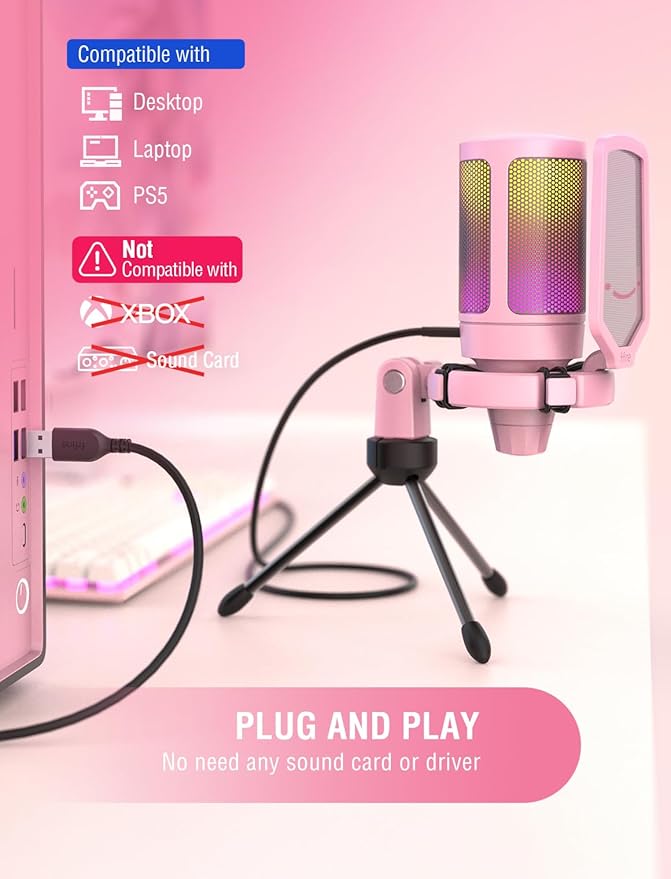 FIFINE USB Gaming PC Microphone for Streaming Podcasts, AmpliGame RGB Computer Condenser Desktop Mic, Cardioid Pattern for YouTube Video, Plug and Play on PS4 PS5, with Quick Mute, Mic Gain-A6V Pink