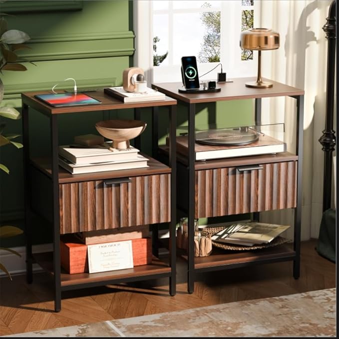 VINGLI Nightstands Set of 2, Walnut Nightstand with Charging Station, Night Stands Fluted Fabric Drawer, Bedside Tables/End Tables with Charger Station, Side Table Bedroom, Small Night Stand