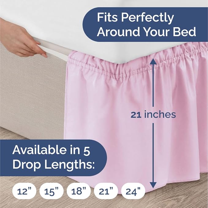 Wrap Around Dust Ruffle Bed Skirt - Light Pink - for Full Size Beds with 21 Inch Drop - Elastic Strap - Adjustable Pleated Bedskirt with Brushed Fabric and Wrinkle Free - for Women, Men, Kids & Teens