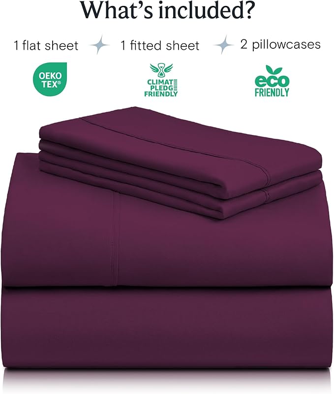LuxClub 4 PC Queen Sheet Set, Deep Pockets Wrinkle Free Cooling Bed Sheets Hotel Bedding for Women, Men, Includes 1 Fitted Sheet, 1 Flat Sheet and 2 Pillowcases-Silky Soft Eggplant