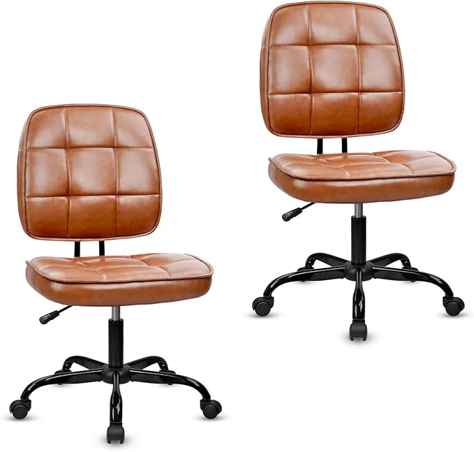 CLATINA Armless Home Office Chair with Lumbar Support and Wheels, Small PU Leather Ergonomic Low Back Desk Chairs No Arms, Adjustable Height 360° Swivel Rolling Computer Task Chair, Brown, 2 Pack