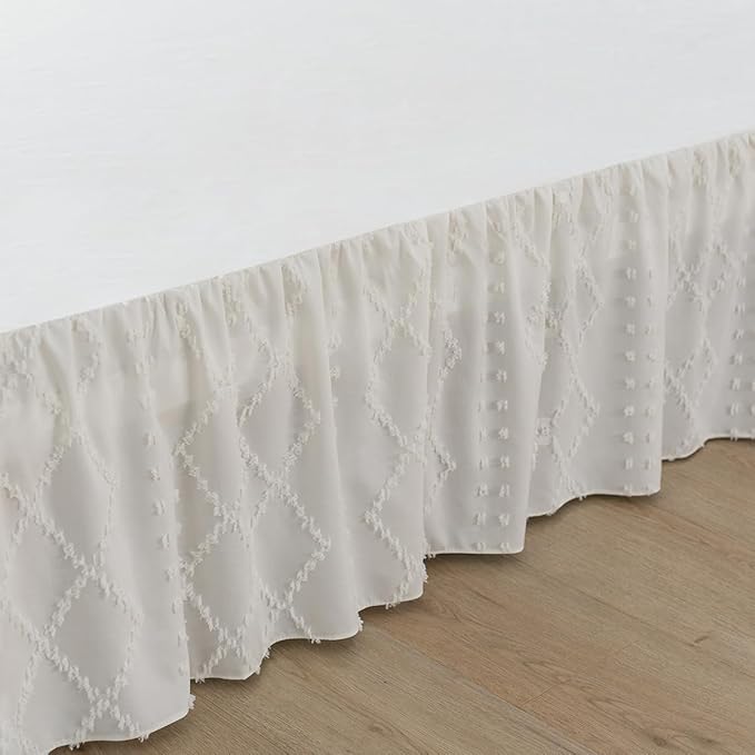 Bed Skirt King Size Ruffled Bed Skirt with Split Corners, 12 Inch Drop Dust Ruffle Bed Skirts with Platform, Boho Tufted Shabby Chic King Size Bed Skirts, Ivory