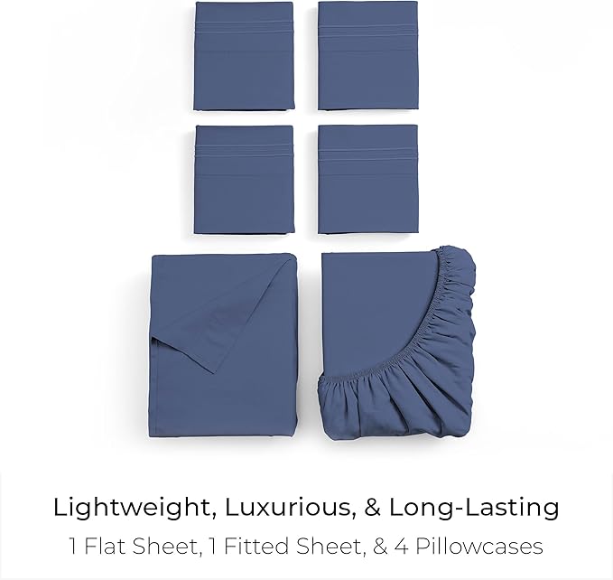 Mellanni California King Sheet Set - 6-Piece Iconic Collection Bedding, (Including 4 Pillowcases), 21-Inch Extra Deep Pocket, Easy Care, Ultra Soft, Cooling Sheets, Brushed Microfiber - Blue Nova