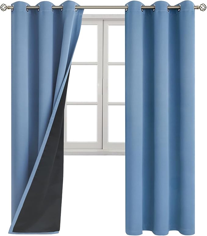 BGment Thermal Insulated 100% Blackout Curtains for Bedroom with Black Liner, Double Layer Full Room Darkening Noise Reducing Grommet Curtain (42 x 84 Inch, Denim Blue, 2 Panels)
