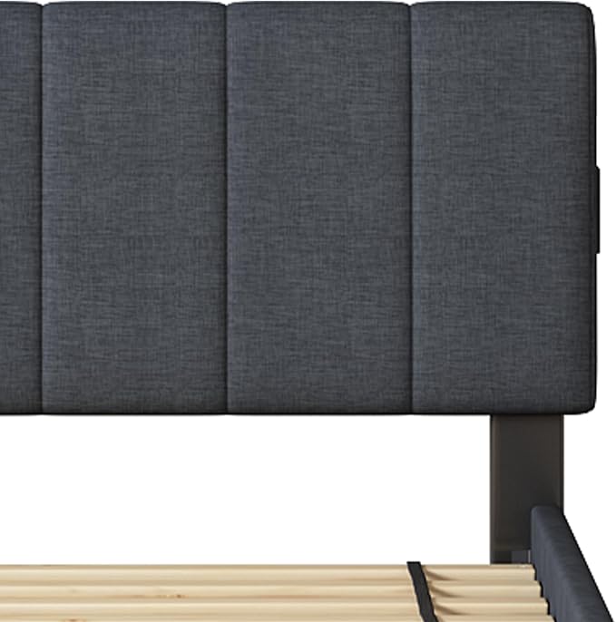 Queen Size Upholstered Platform Bed with Trundle and 1 Sets of USB, Linen Fabric Full and Twin Double Bed w/LED Lights with APP for Bedroom,Dark Gray