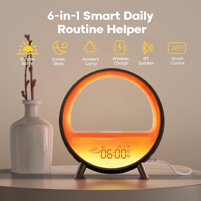 Dekala Arches Sunrise Alarm Clock Sunset White Noise Sound Machine Sleep Timer Loud Alarm Clock for Heavy Sleepers Natural Sound Wake-Up Light 15W Wireless Charging Customizable Snooze 5G WiFi App