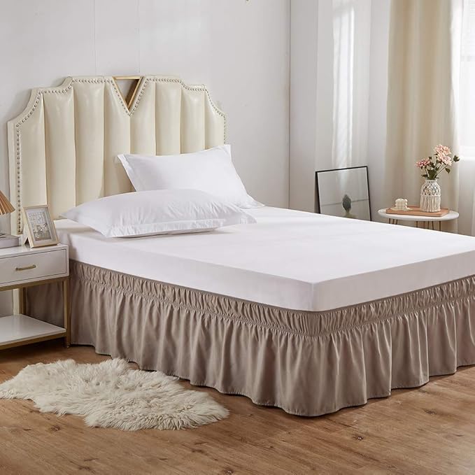 MEILA Wrap Around Bed Skirt Three Fabric Sides Elastic Dust Ruffled 18 Inch Tailored Drop,Easy to Install Fade Resistant-Taupe, Twin/Full