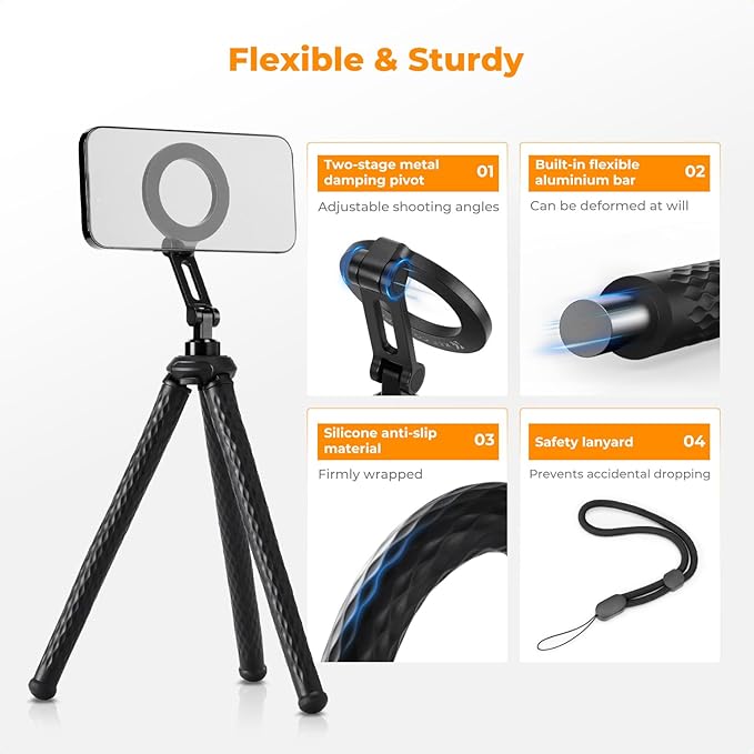 K&F Concept Flexible Tripod, Magnetic Flexible Phone Stand with Wireless Remote, Mini Vlogging Tripod for Magsafe iPhone 16 Pro Max/15/14/13/12 All Phones and Actions Camera.