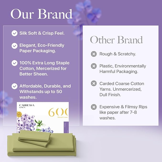 Carressa Linen 100% Egyptian Cotton Twin Sheets Set - 600 Thread Count Egyptian Cotton Luxury Twin Sheets (3 PC, Herb Garden), 16" Deep Pocket, Soft, Cooling, Sateen Weave College Dorm Room Bedding