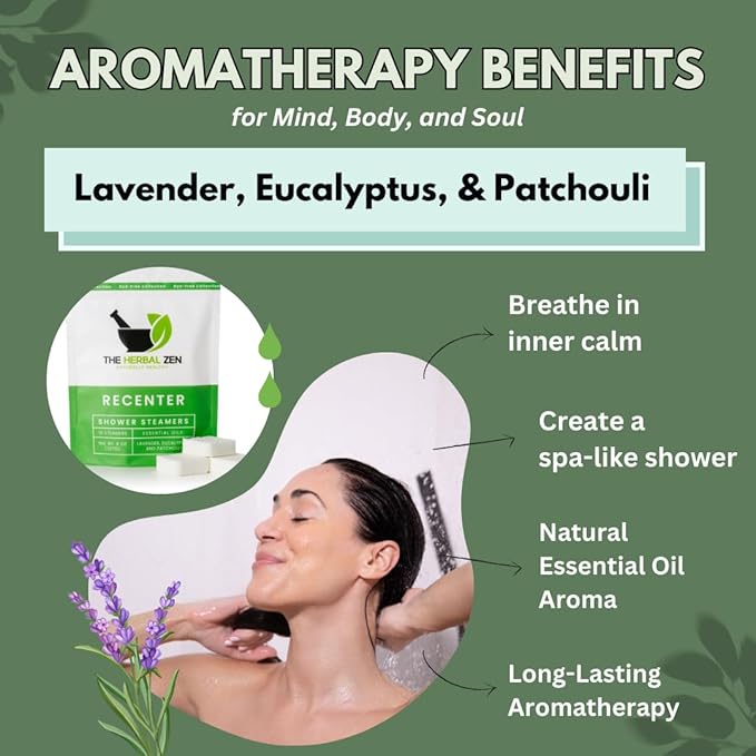 Recenter Shower Steamers Aromatherapy for Relaxing - Christmas Gift - Adult Stocking Stuffer - USA Made - Lavender & Eucalyptus Shower Bomb Tablets - Soothing Natural Essential Oils (10 Pack)