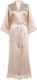 BABEYOND Satin Kimono Robe Silky Long Bridesmaid Wedding Lightweight Bath Robe with Lace Trim