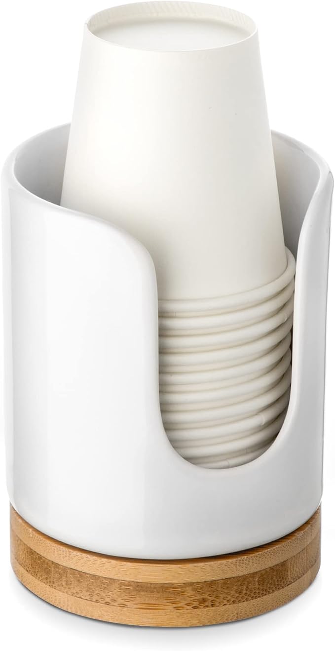 Ceramic Bathroom Cups Dispenser - 3 oz Disposable Paper & Plastic Bathroom Cups Holder - Mouthwash Cups Dispenser for Bathroom, Guest Toiletries, Countertop - BPA Free, Kids Safe(White)