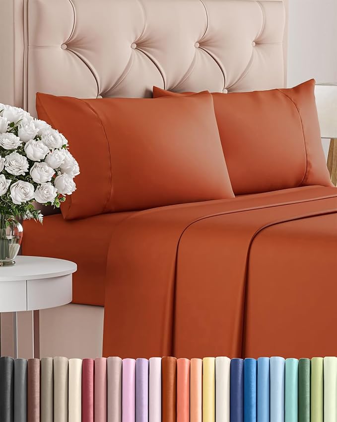 Twin XL 4 Piece Sheet Set - Cooling, Comfy & Breathable - Hotel Luxury Bedding, Includes Fitted Sheet for Women, Men, Kids & Teens - 1 Flat, 1 Fitted Sheet, 2 Pillowcases w/Deep Pockets - Terracotta