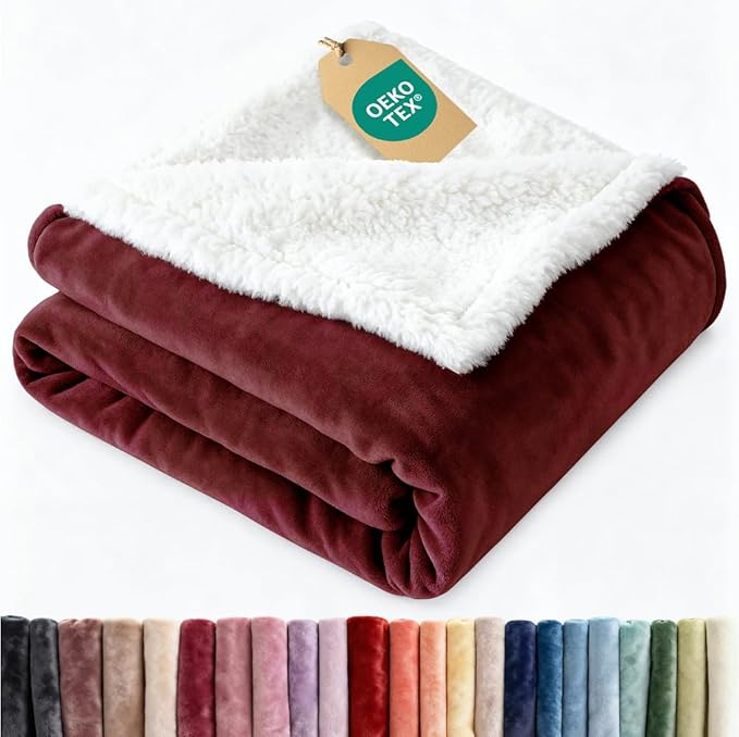Sherpa Fleece Blanket Queen Size - Reversible Sherpa Fleece Queen Blanket - Super Soft Double Sided for Bed, Sofa, Couch - Thick, Warm, and Plush - Luxurious Bedding for Winter - Burgundy, 90" x 90"