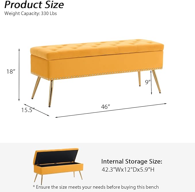 Velvet Storage Bench with Gold Legs& Nailhead Trim, 46" Wide Upholstered Modern Bedroom Bench for End of Bed, Tufted Ottoman for Entryway Living Room Dining Room (Mustard Yellow, 46" Wide)