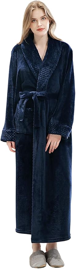 Artfasion Womens Long Fleece Robe - Warm Soft Floor Length Flannel Bathrobes for Winter Thicker Long House Coat with Pockets
