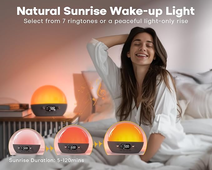 MOMILLA Sunrise Alarm Clock with Bluetooth Speaker, White Noise Sound Machine, Alarm Clocks for Heavy Sleepers Bedrooms, Wake up Light Night Lights Lamp, Chirstmas Gifts for Boys and Girls Adults