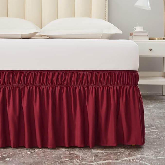 MEILA Wrap Around Bed Skirt Three Fabric Sides Elastic Dust Ruffled 16 Inch Tailored Drop,Easy to Install Fade Resistant-Burgundy, Twin/Full