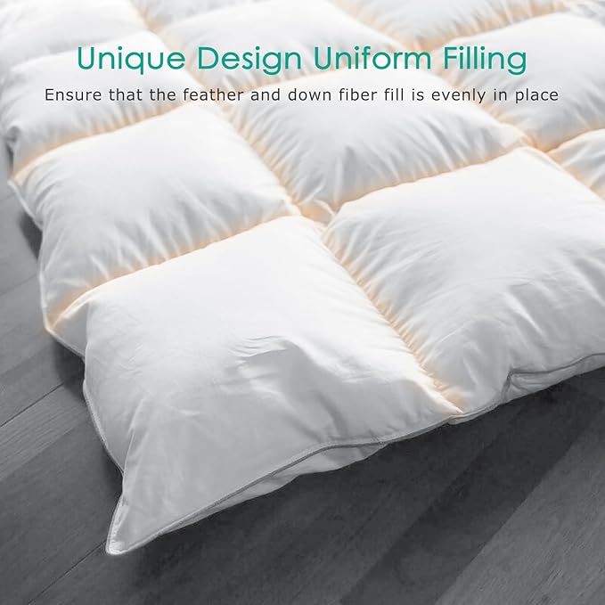 APSMILE Premium Down Feather Fiber Comforter Queen Size, All Season Duvet Insert Queen Size with 8 Corner Tabs, Ultra Soft Poly-Cotton Cover Down Feather Fiber Comforter (White, 90 * 90")