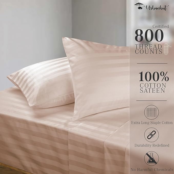 URBANHUT 800 Thread Count 100% Cotton Damask California King Size Sheets Set, 4 Piece Striped Cal King Size Bedsheets, Luxury Hotel Sheets Sateen Weave, 16" Elasticized Deep Pocket- Blush Pink