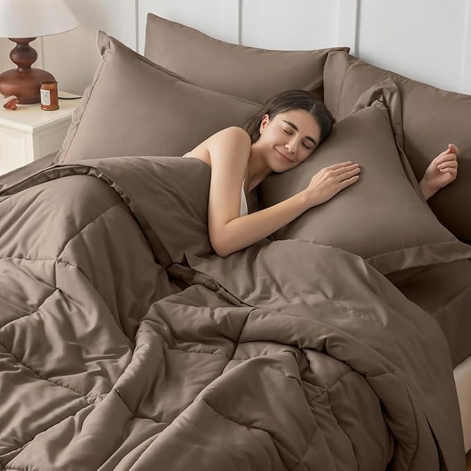 JOLLYVOGUE King Comforter Set, Ultra-Soft Bed in a Bag King Size 7 Pieces, Oeko-TEX Certified Bedding Set with Down Alternative Comforter, Sheets, Pillowcases & Shams, Brown